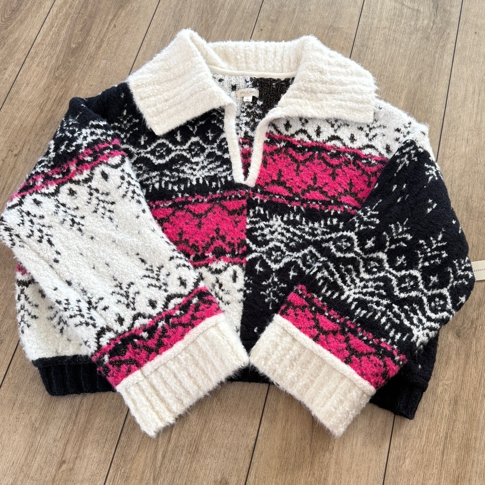 NWT Anthropologie Pilcro V-Neck Fuzzy Printed Popover Sweater - Picture 6 of 13